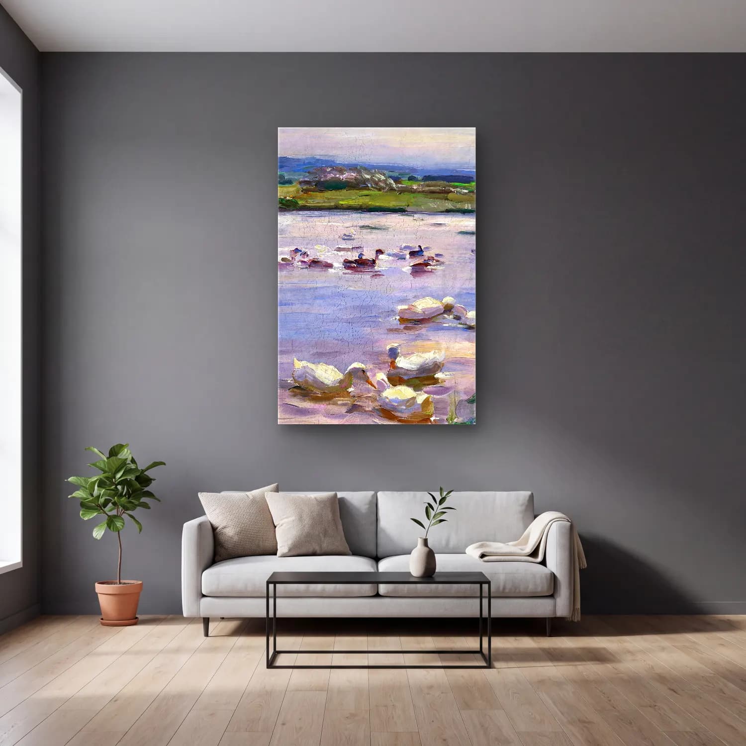 Alexander Koester – Ducks on the Lakeside – Mor Tonlar cam tablo — gri duvarlı salonda