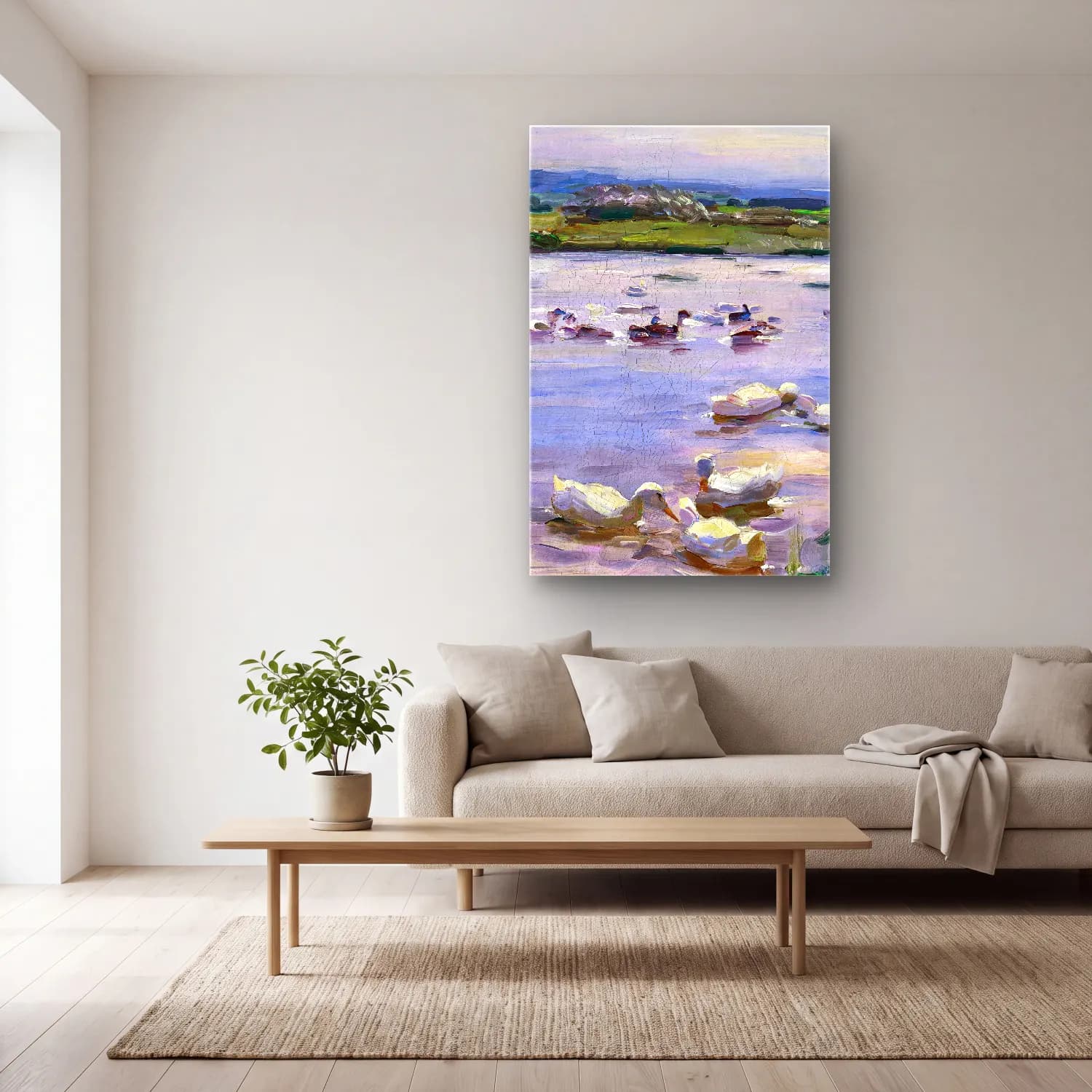 Alexander Koester – Ducks on the Lakeside – Mor Tonlar cam tablo — açık renk salonda