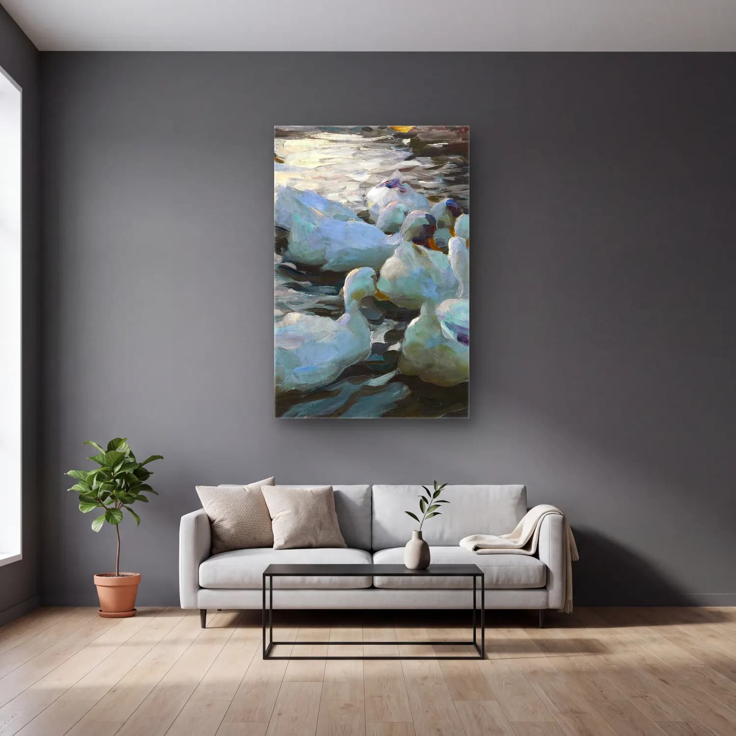 Alexander Koester – Elf Enten im Wasser (Ca. 1915-1932) – Turkuaz Tonlar cam tablo — gri duvarlı salonda