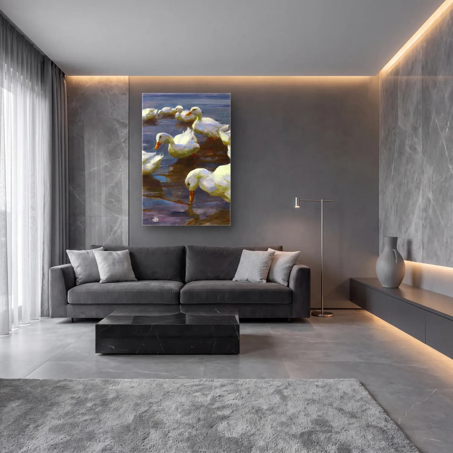 Alexander Koester – Enten am Seeufer – Pastel Tonlar cam tablo — lüks salon duvarında