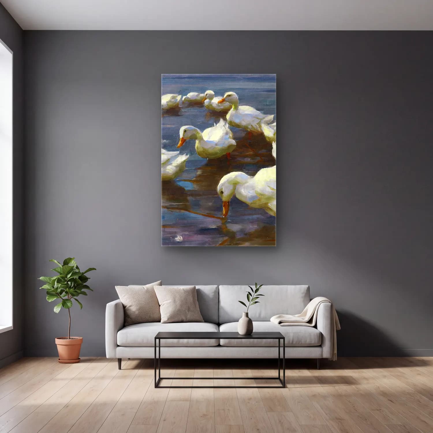 Alexander Koester – Enten am Seeufer – Pastel Tonlar cam tablo — gri duvarlı salonda