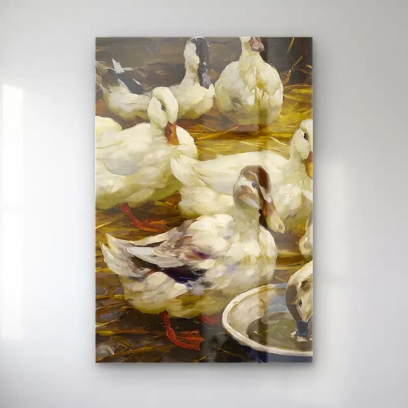 Alexander Koester – Enten im Stroh – Bej Tonlar cam tablo — Alexander Koester – Enten im Stroh – Bej Tonlar — yağlı boya ördekler