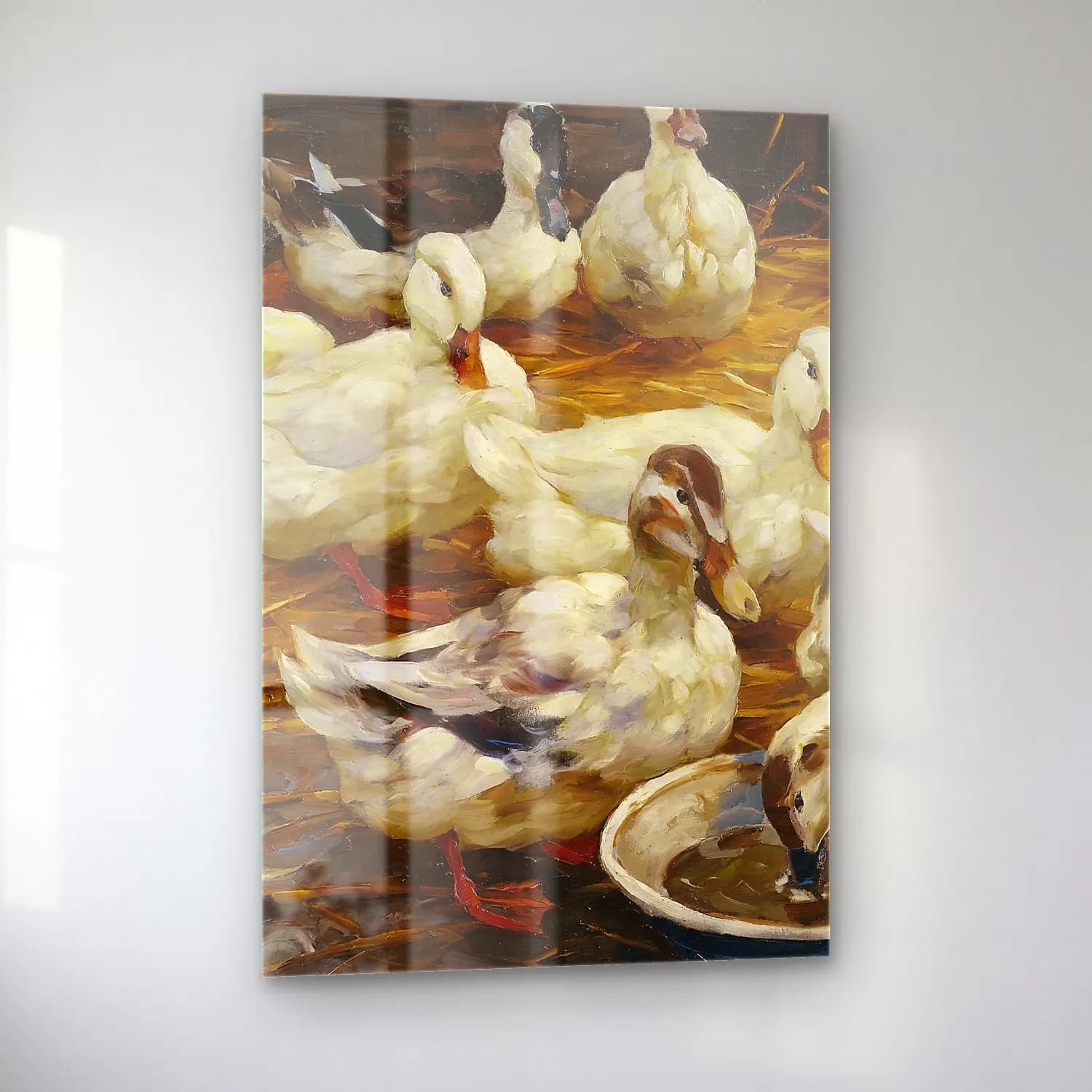 Alexander Koester – Enten im Stroh – Bej Tonlar cam tablo — sol açıdan görünüm