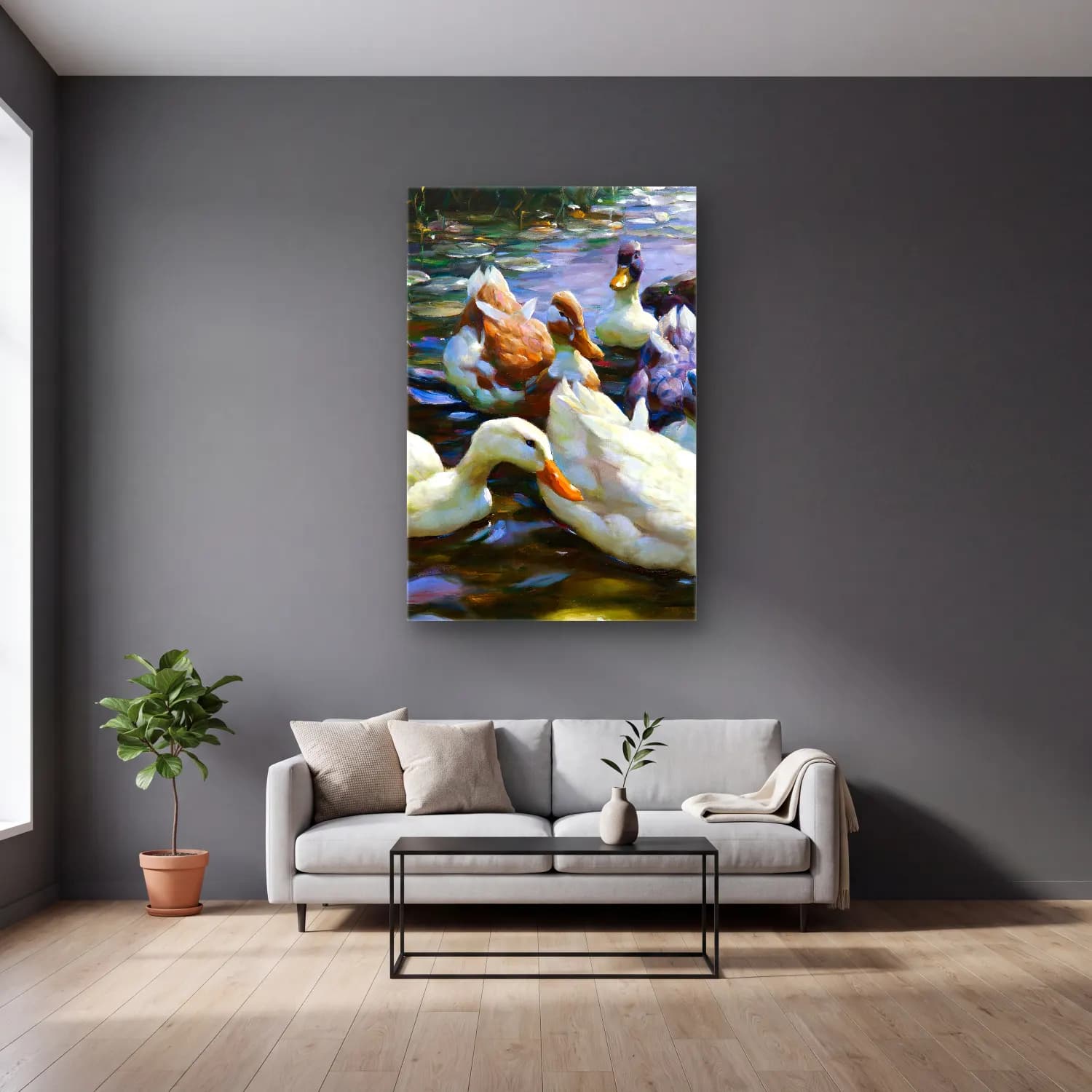 Alexander Koester – Five Ducks – Pastel Tonlar cam tablo — gri duvarlı salonda