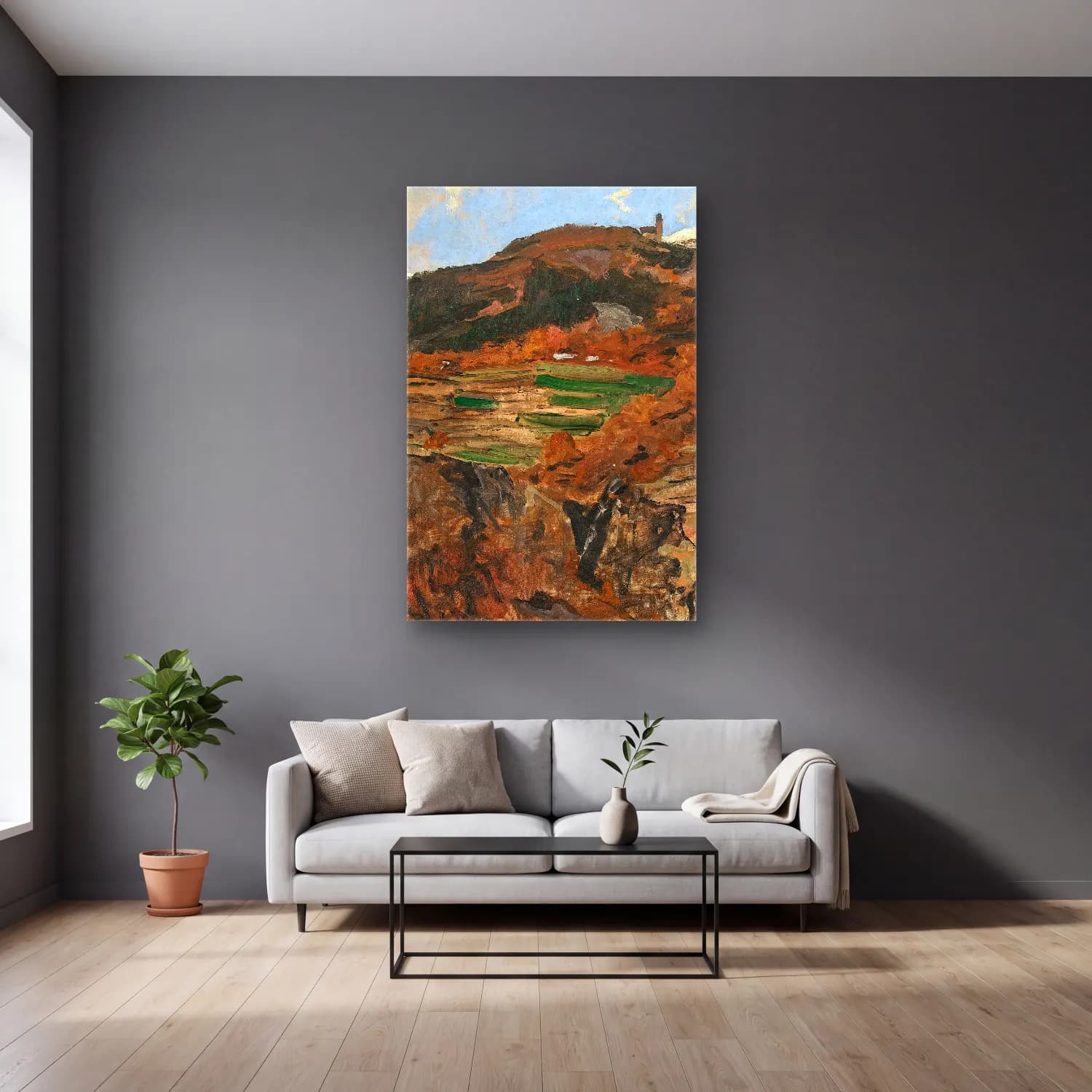 Alexander Koester – Foehn winds in the Eisack Valley – Bej Tonlar cam tablo — gri duvarlı salonda