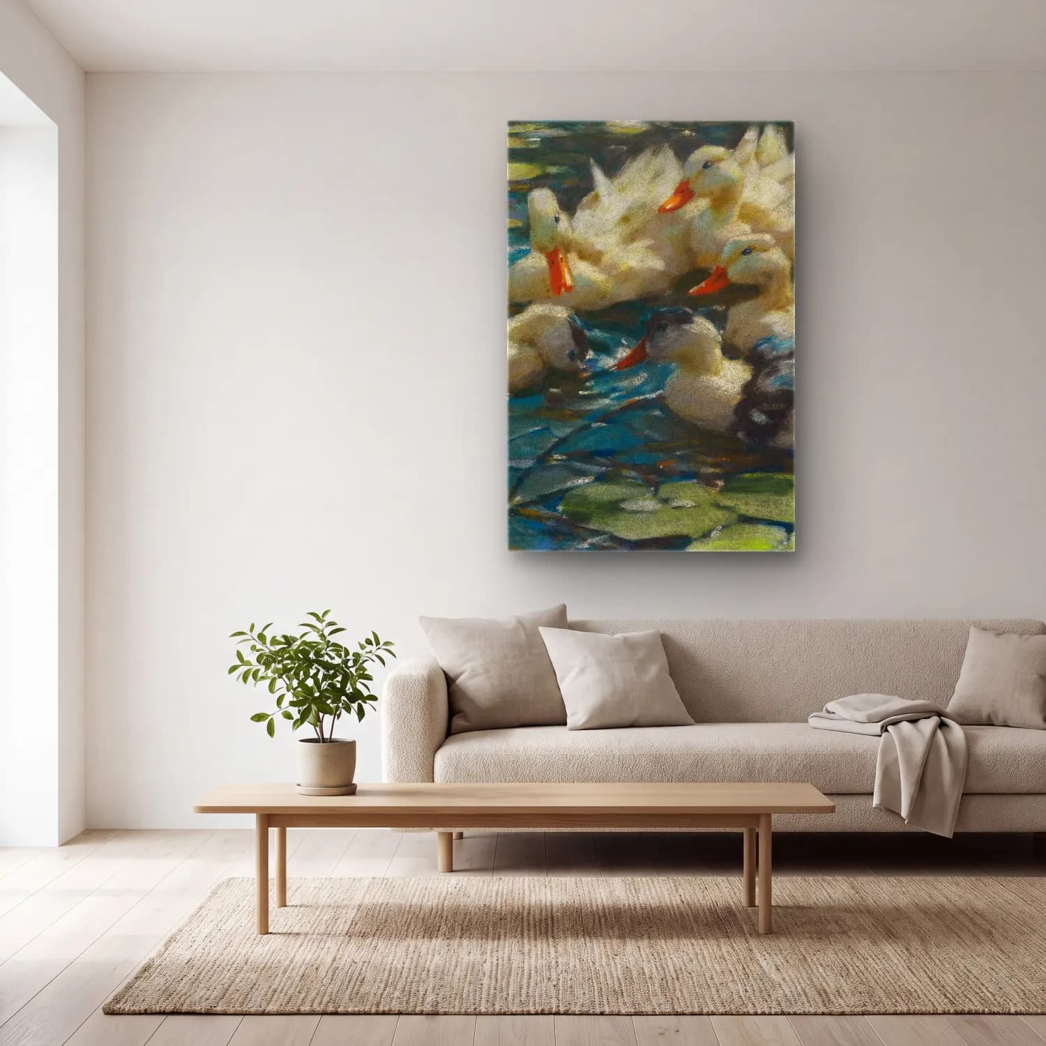 Alexander Koester – Fünf bunte Enten in blauem Seerosenwasser cam tablo — açık renk salonda