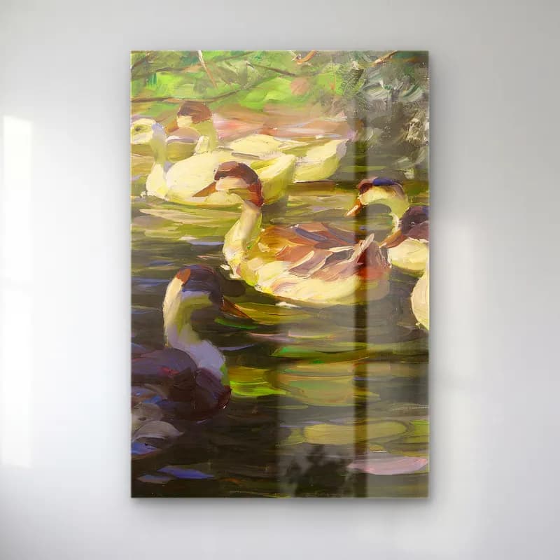 Alexander Koester – Sechs Enten auf dem Wasser unter Ufersträuchern cam tablo — Alexander Koester – Sechs Enten auf dem Wasser unter Ufersträuchern — yağlı boya ördekler