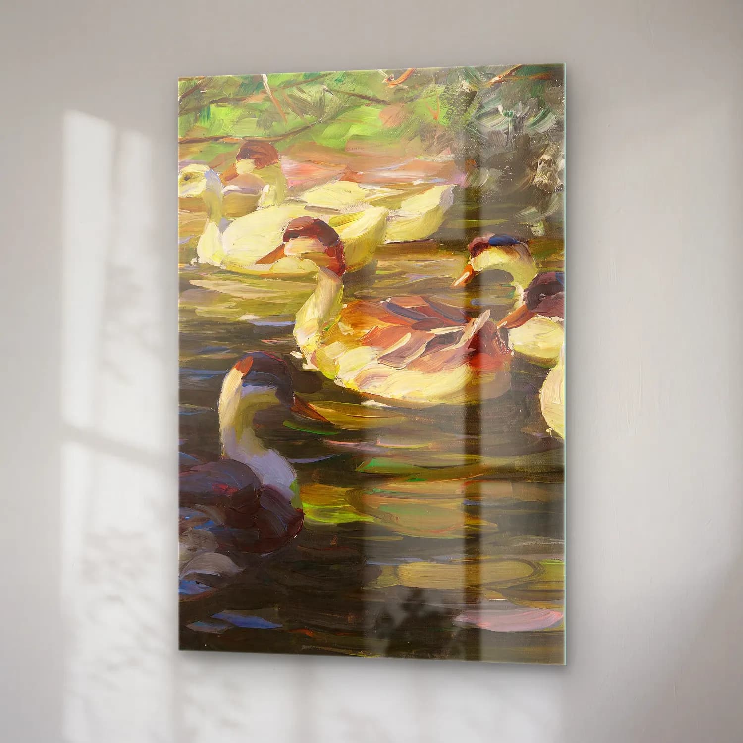 Alexander Koester – Sechs Enten auf dem Wasser unter Ufersträuchern cam tablo — sağ açıdan görünüm