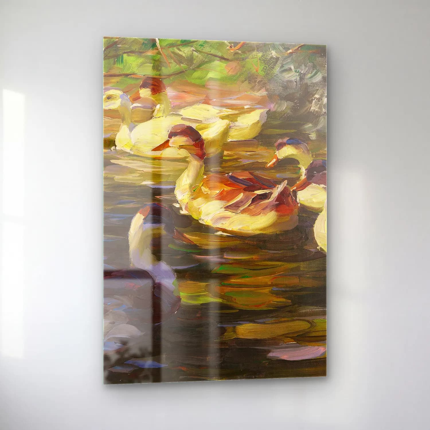 Alexander Koester – Sechs Enten auf dem Wasser unter Ufersträuchern cam tablo — sol açıdan görünüm
