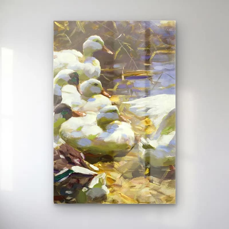Alexander Koester – Sieben Enten am Ufer (circa 1910) – Yeşil Tonlar cam tablo — Alexander Koester – Sieben Enten am Ufer (circa 1910) – Yeşil Tonlar — yağlı boya ördekler