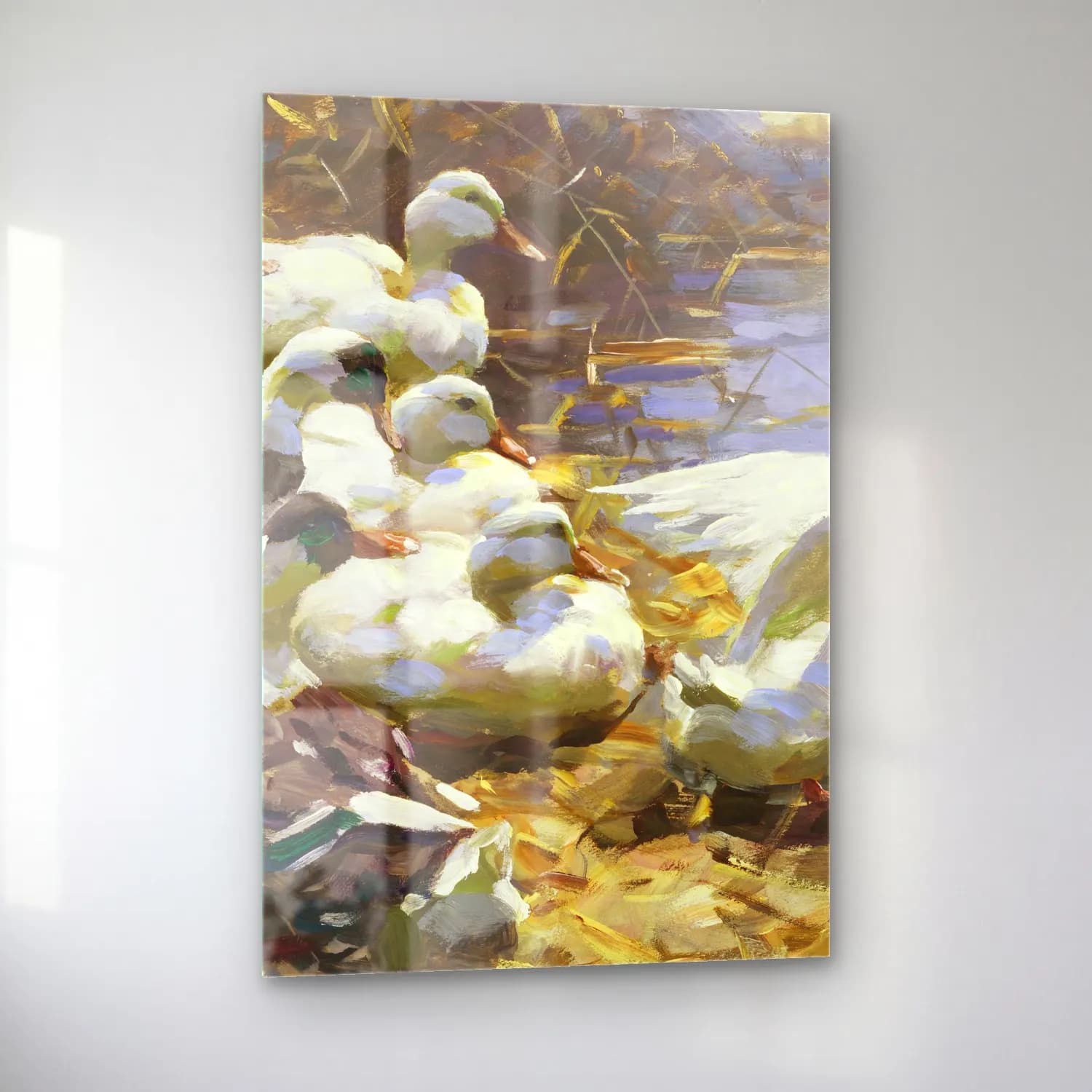 Alexander Koester – Sieben Enten am Ufer (circa 1910) – Yeşil Tonlar cam tablo — sol açıdan görünüm