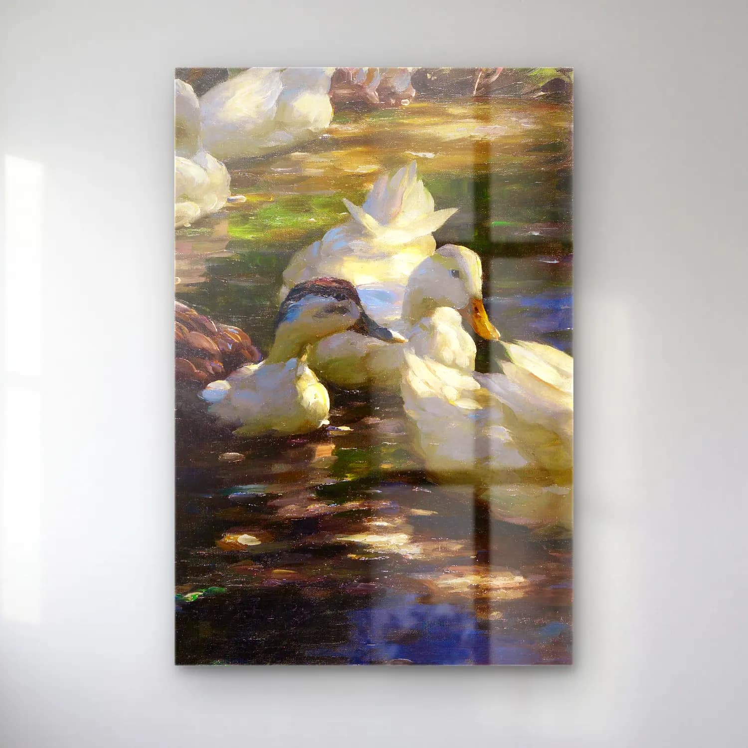 Alexander Koester – Sieben Enten im schattigen Waldteich – Pastel Tonlar cam tablo — Alexander Koester – Sieben Enten im schattigen Waldteich – Pastel Tonlar — yağlı boya ördekler