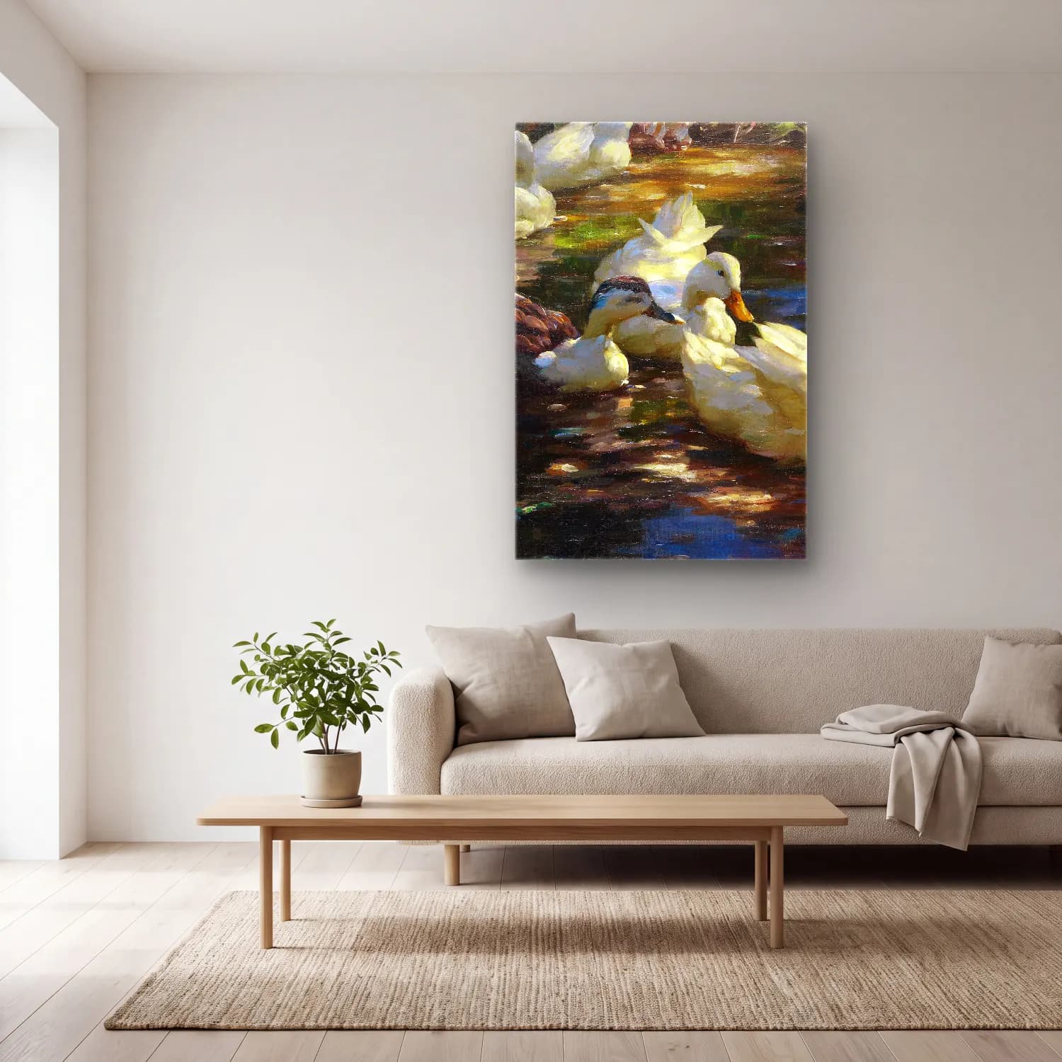 Alexander Koester – Sieben Enten im schattigen Waldteich – Pastel Tonlar cam tablo — açık renk salonda