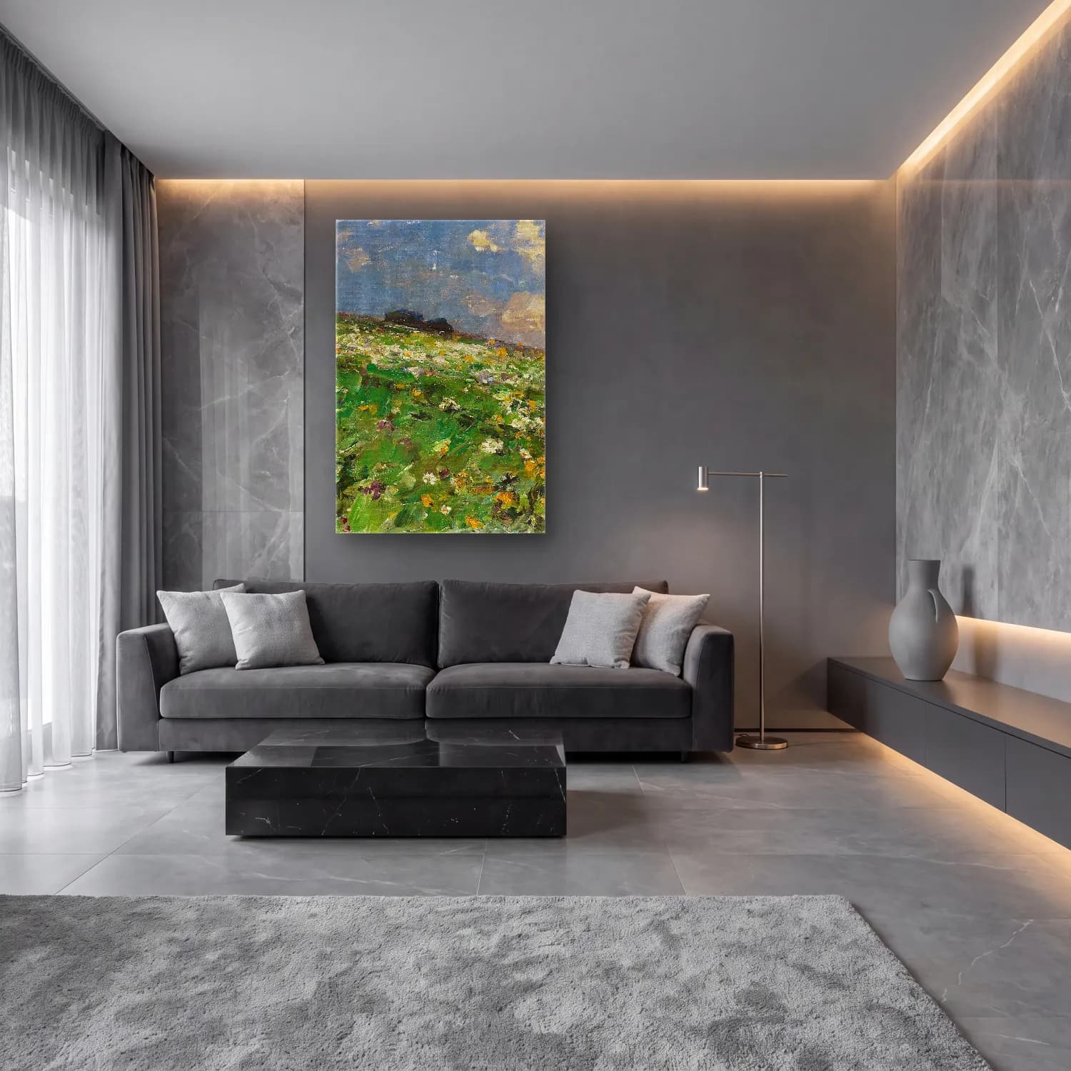 Alexander Koester – Sommerwiese – Yeşil Tonlar cam tablo — lüks salon duvarında