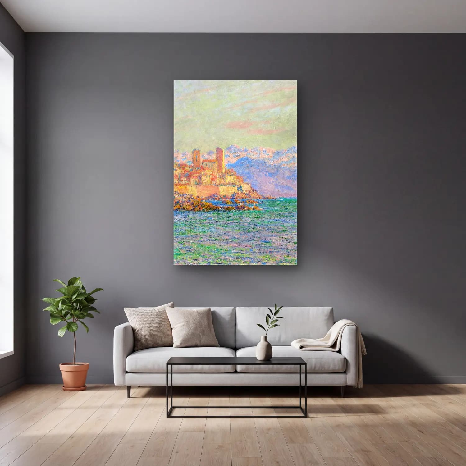 Claude Monet – Antibes, Le Fort cam tablo — gri duvarlı salonda