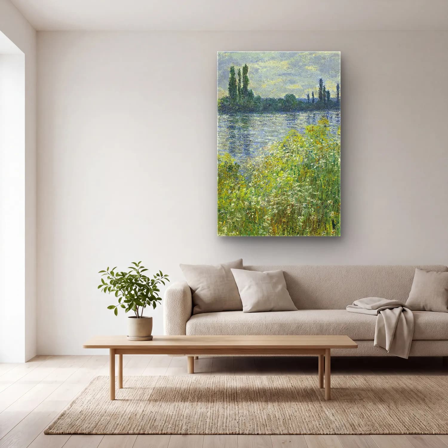 Claude Monet – Banks of the Seine,Vétheuil cam tablo — açık renk salonda