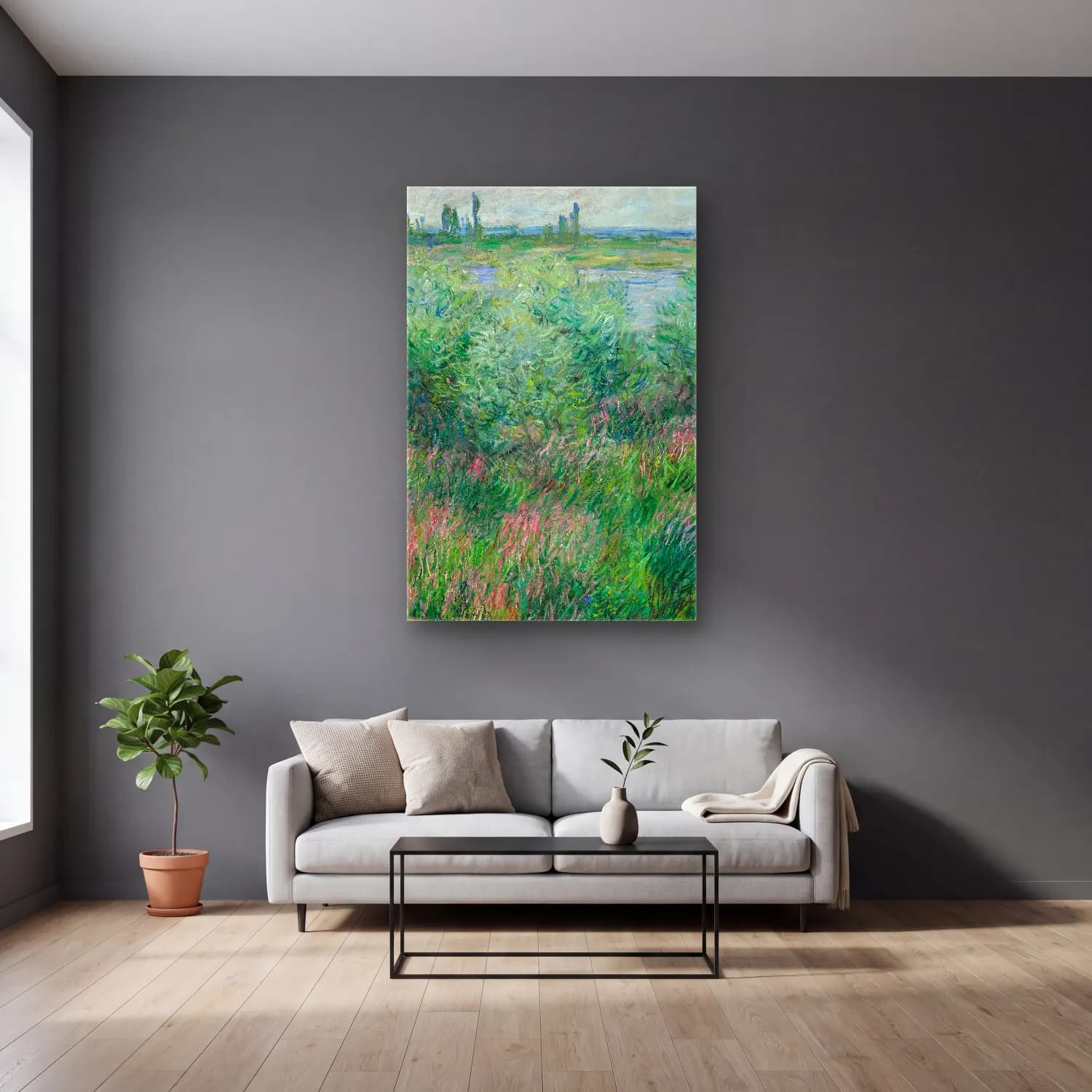 Claude Monet – Berges De La Seine Près De Vétheuil cam tablo — gri duvarlı salonda