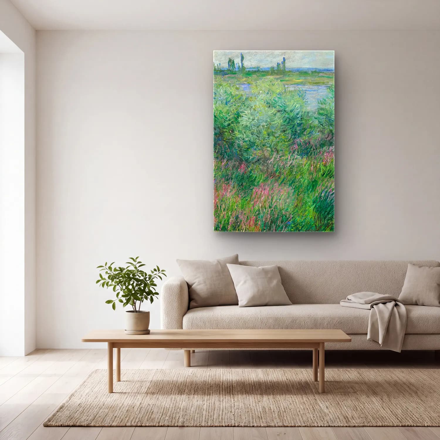 Claude Monet – Berges De La Seine Près De Vétheuil cam tablo — açık renk salonda