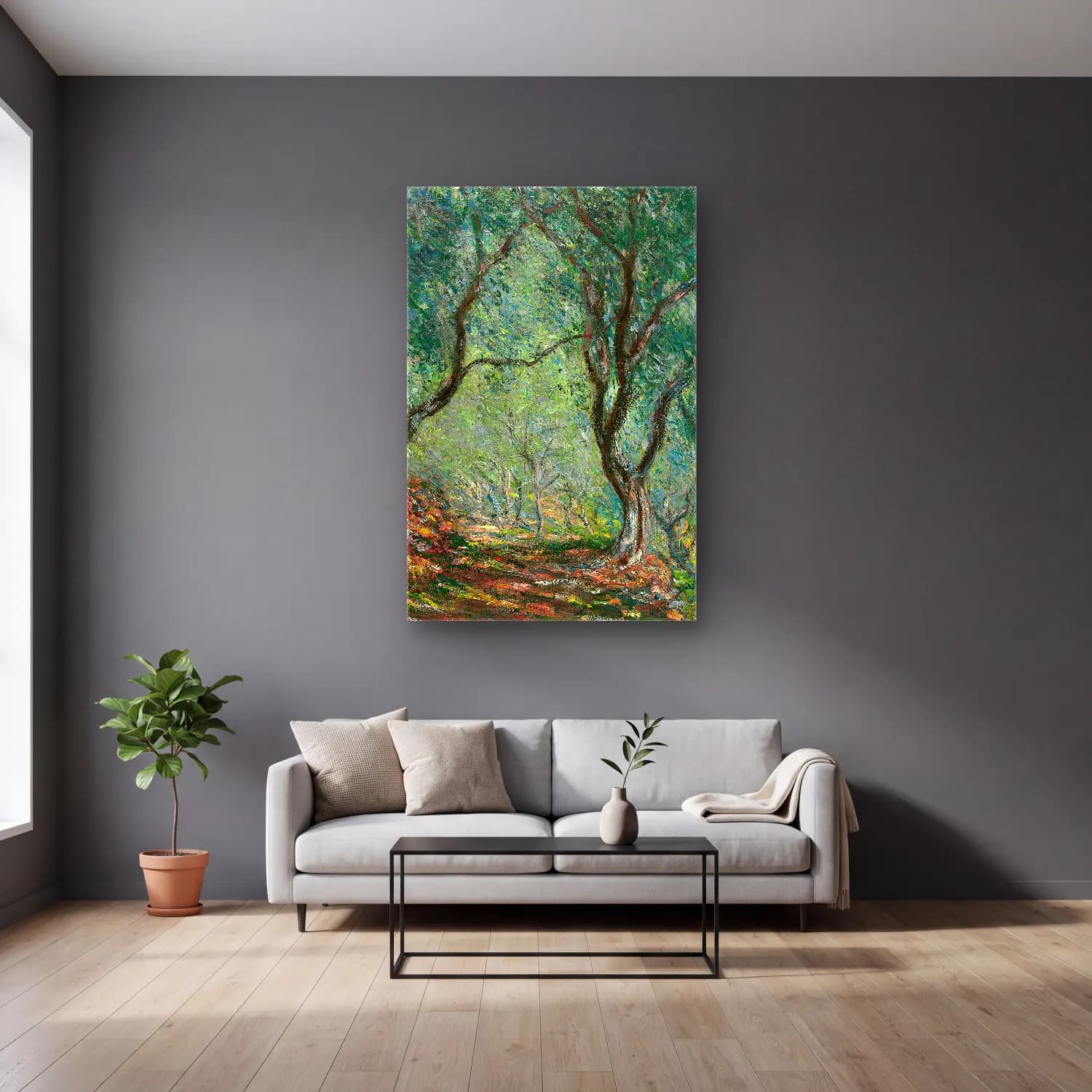 Claude Monet – Bois d’oliviers au jardin Moreno cam tablo — gri duvarlı salonda