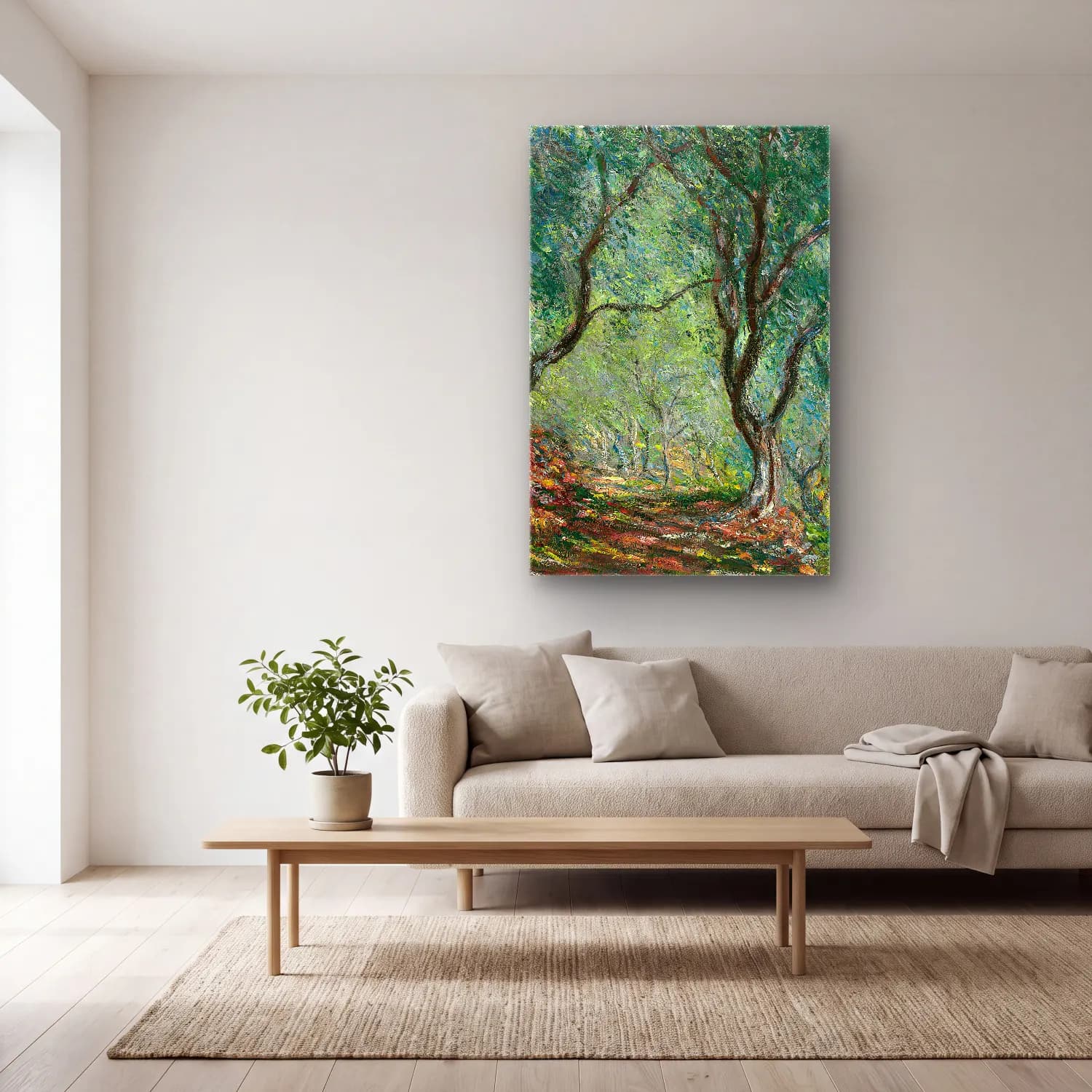 Claude Monet – Bois d’oliviers au jardin Moreno cam tablo — açık renk salonda
