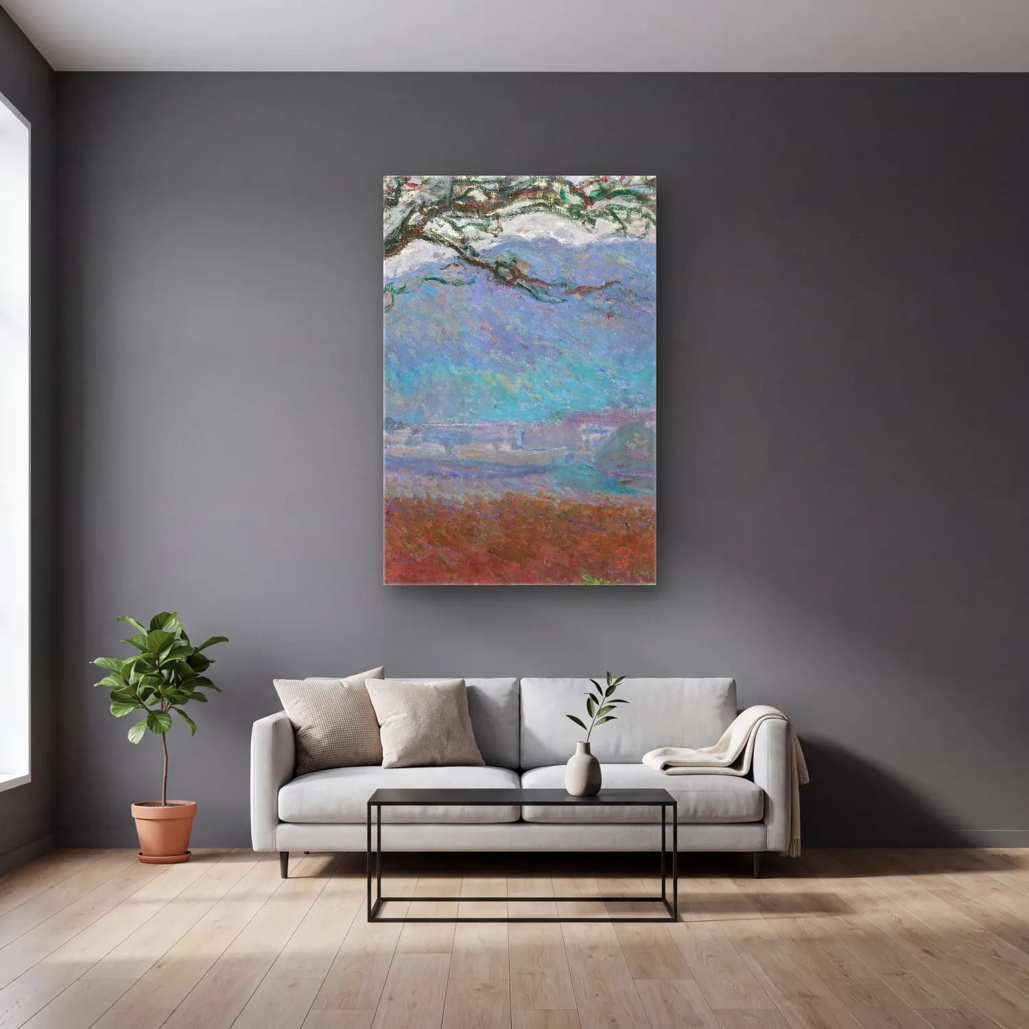 Claude Monet – Champ À Giverny cam tablo — gri duvarlı salonda