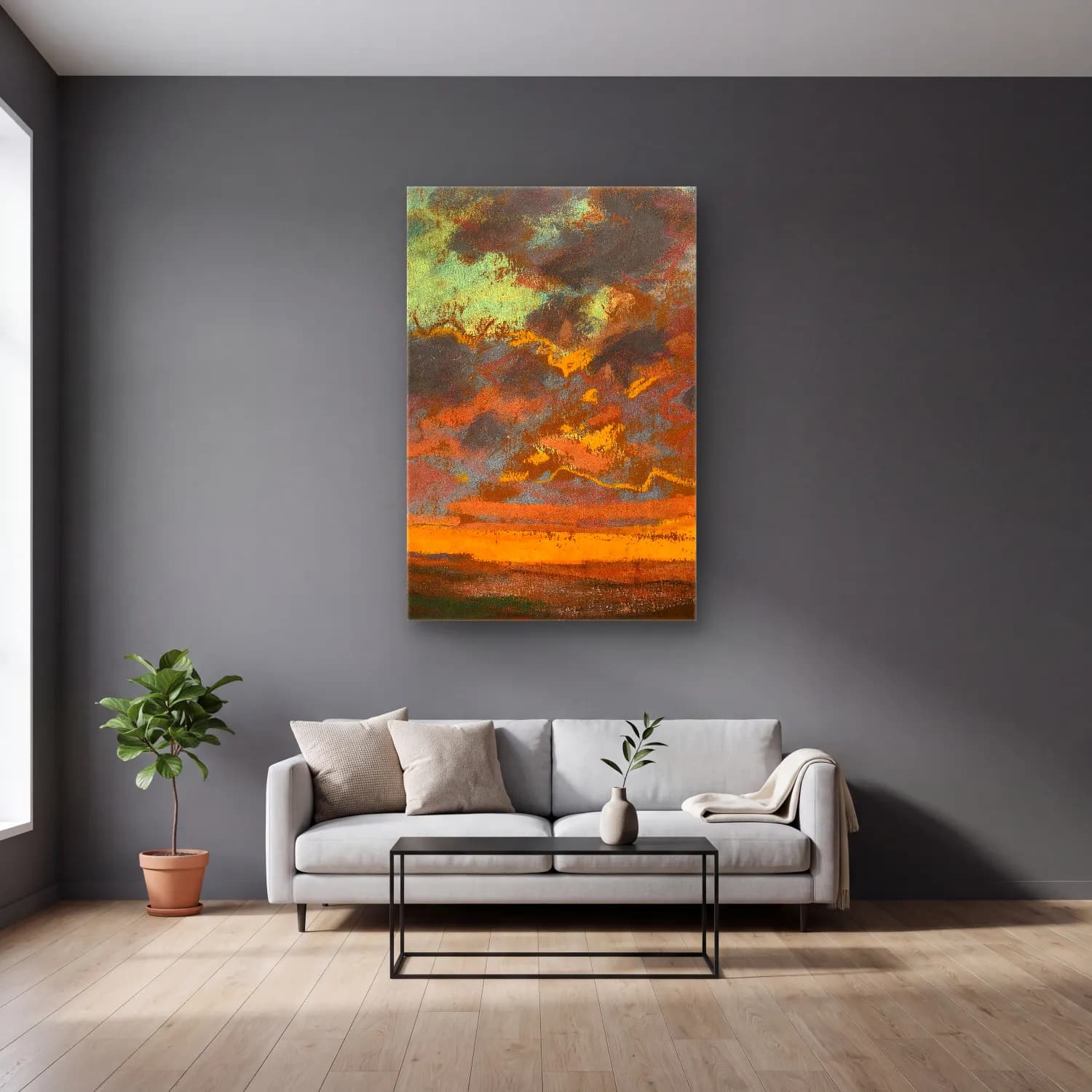Claude Monet – Coucher de soleil (circa 1868) cam tablo — gri duvarlı salonda