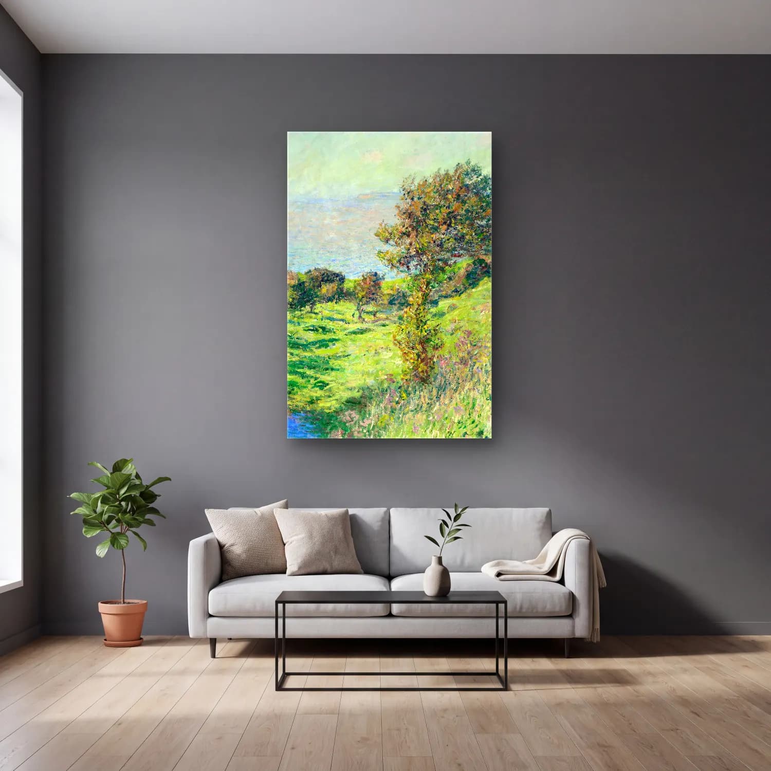 Claude Monet – Coup de vent cam tablo — gri duvarlı salonda