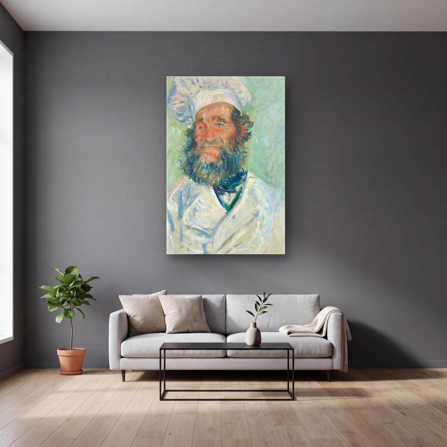 Claude Monet – Der Koch (Le Père Paul) Monsieur Paul cam tablo — gri duvarlı salonda