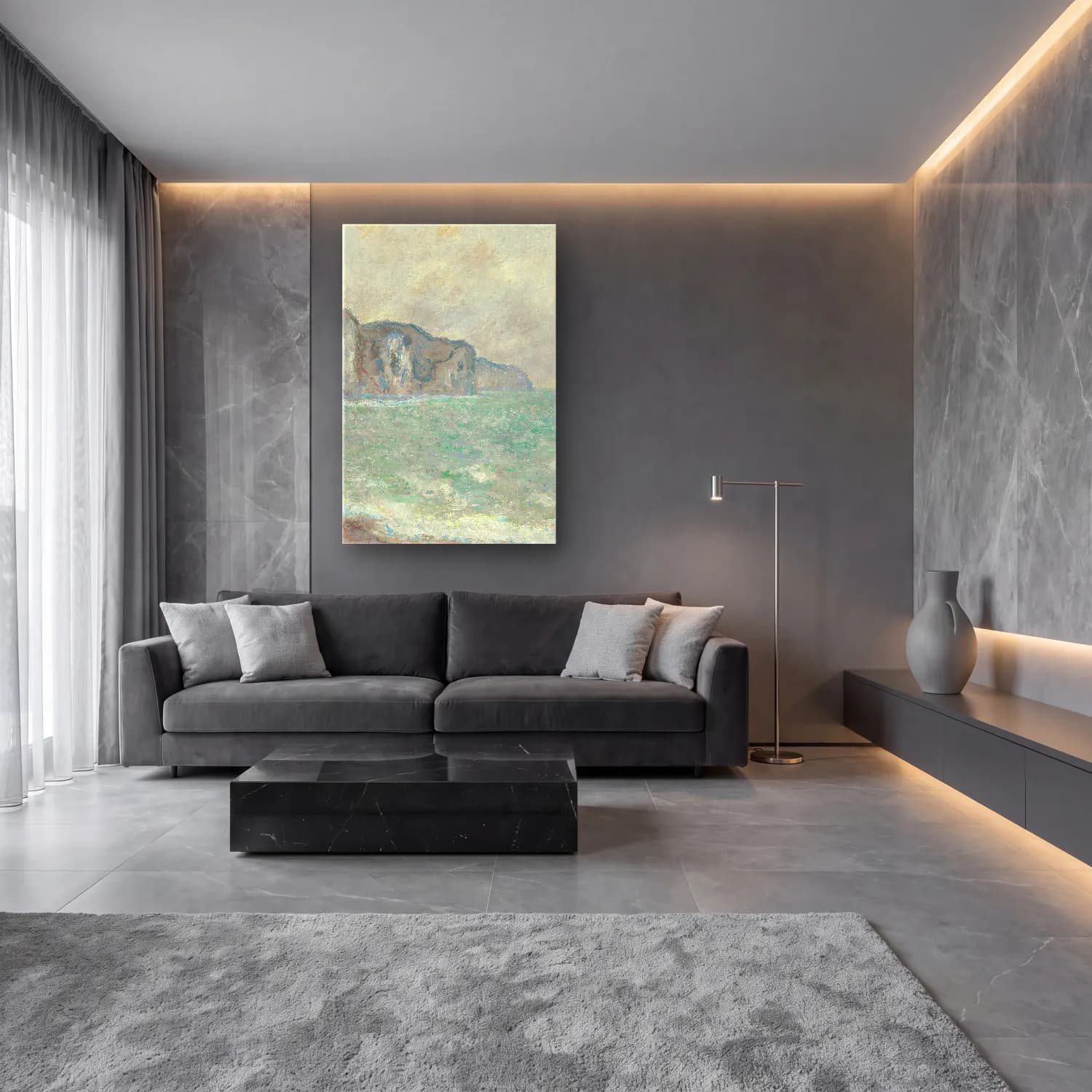 Claude Monet – Falaise De Pourville cam tablo — lüks salon duvarında