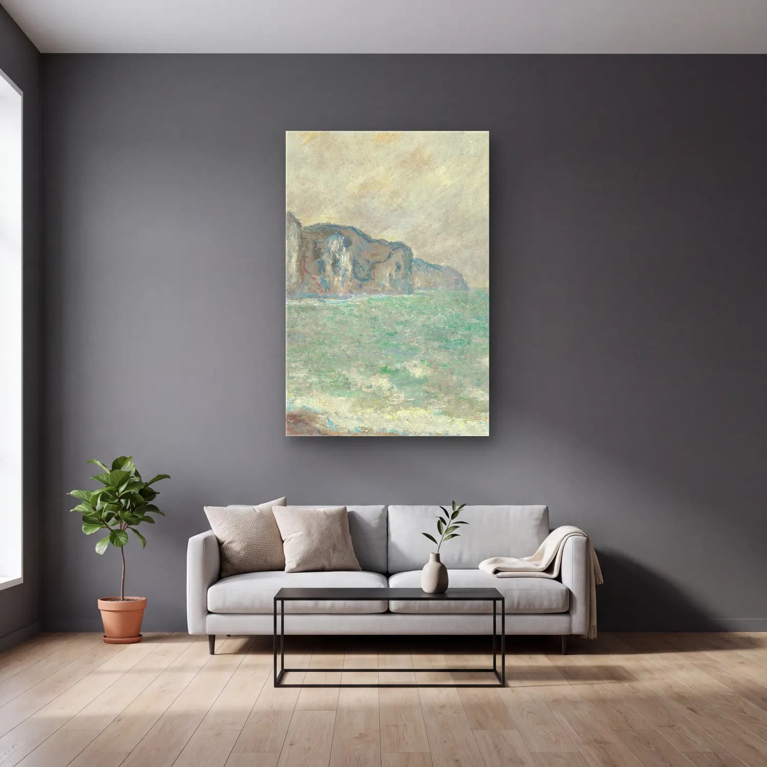 Claude Monet – Falaise De Pourville cam tablo — gri duvarlı salonda