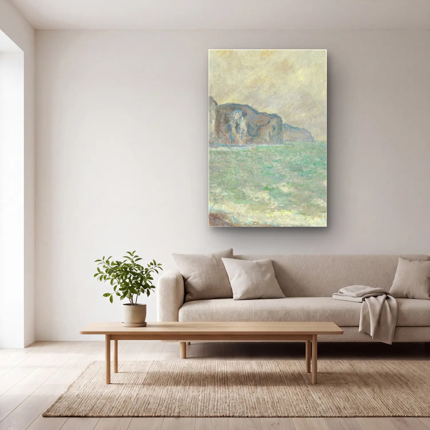 Claude Monet – Falaise De Pourville cam tablo — açık renk salonda