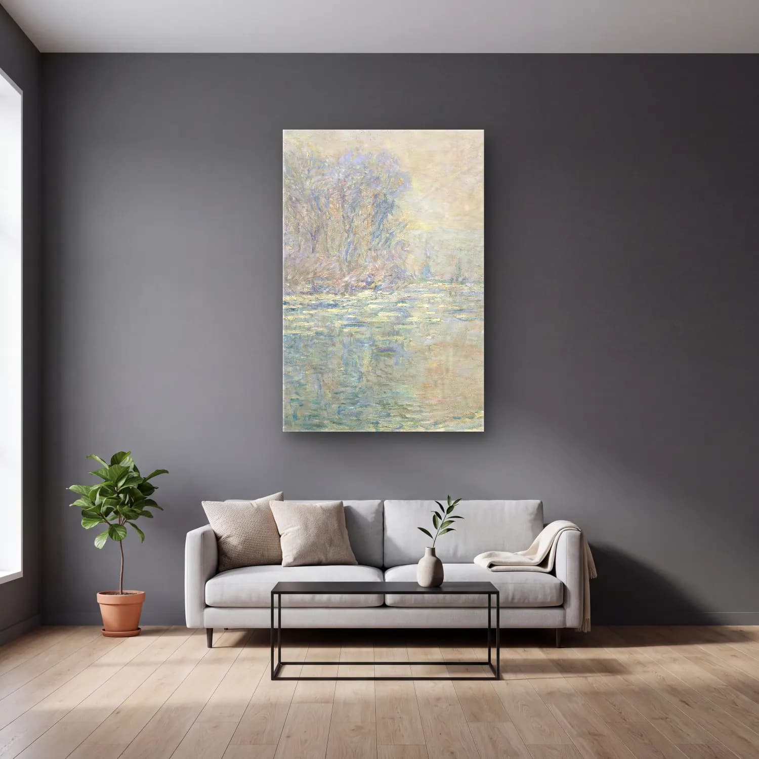 Claude Monet – Glaçons, Effet Blanc cam tablo — gri duvarlı salonda