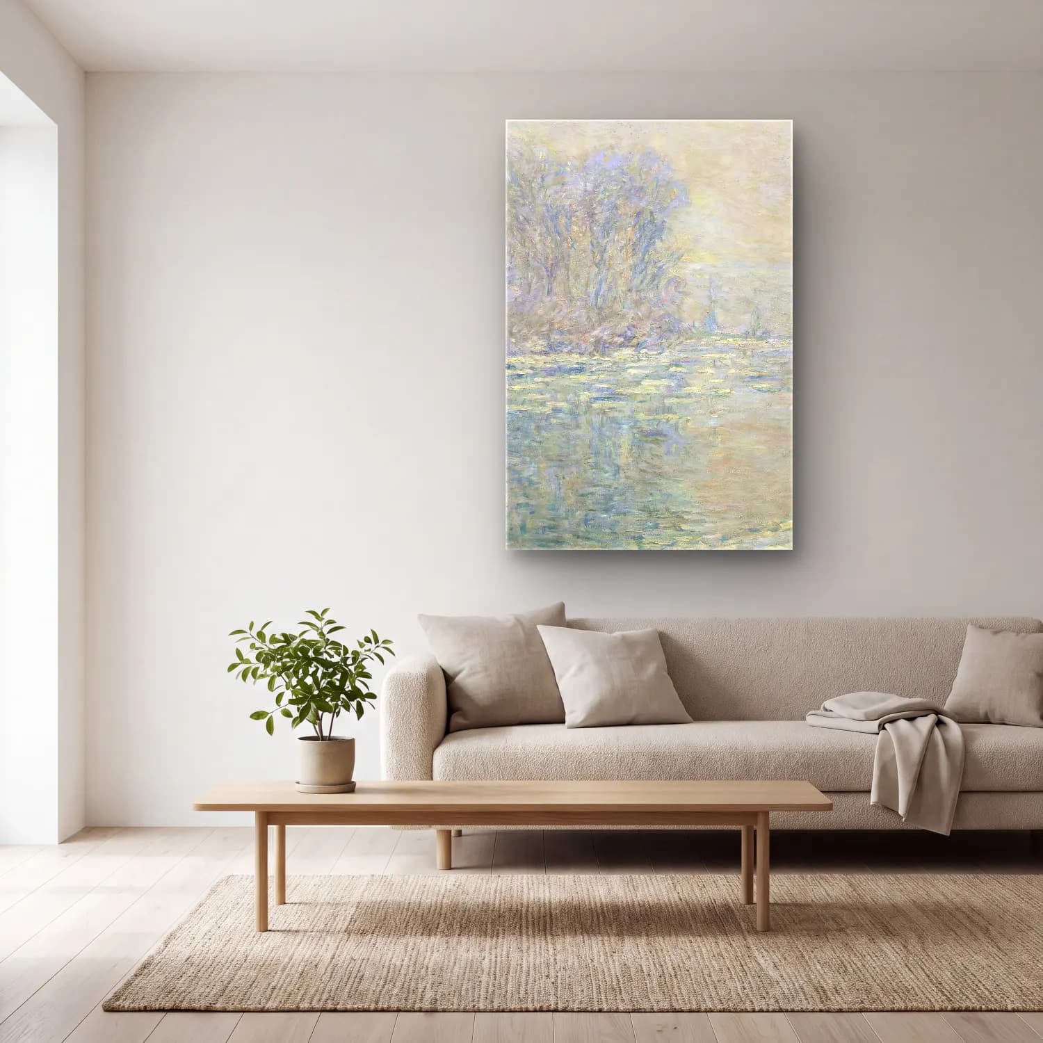 Claude Monet – Glaçons, Effet Blanc cam tablo — açık renk salonda