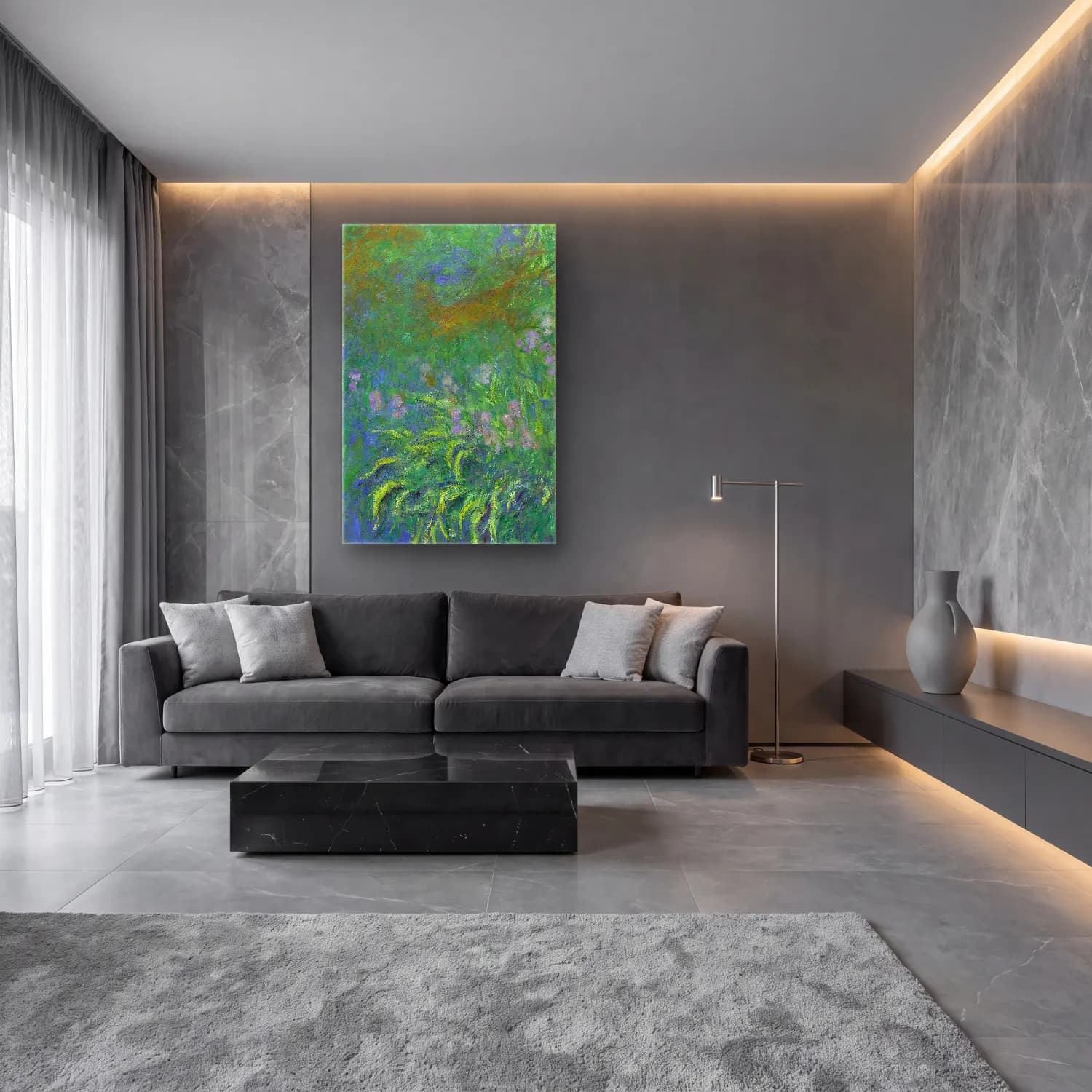 Claude Monet – Irises cam tablo — lüks salon duvarında