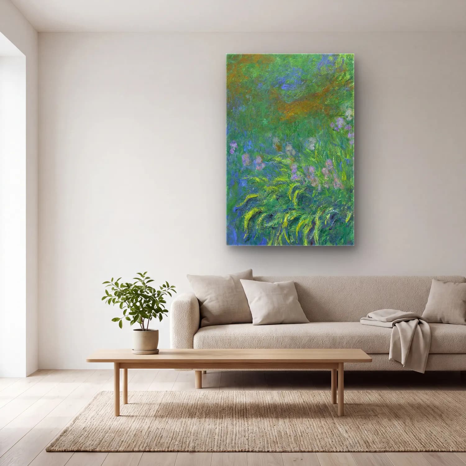 Claude Monet – Irises cam tablo — açık renk salonda