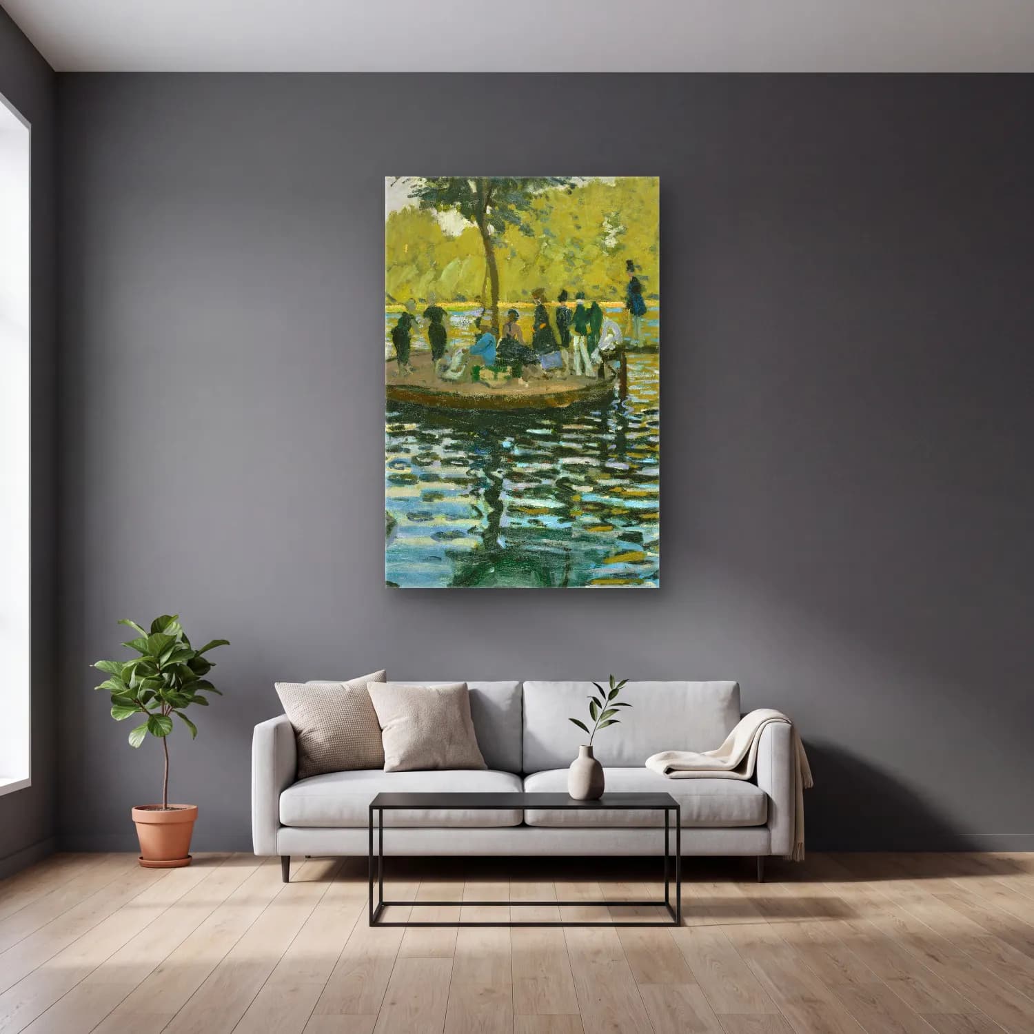Claude Monet – La Grenouillere cam tablo — gri duvarlı salonda