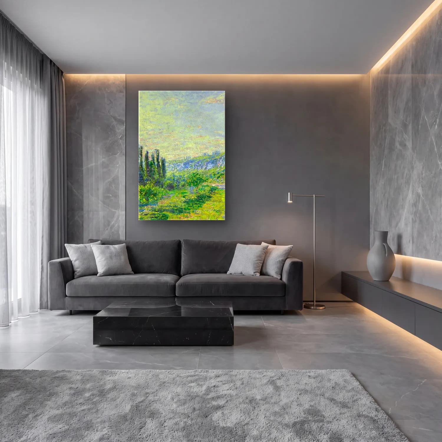 Claude Monet – La Route De Vétheuil cam tablo — lüks salon duvarında