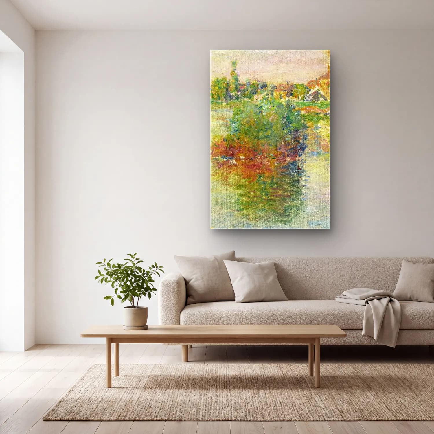 Claude Monet – La Seine à Lavacourt cam tablo — açık renk salonda