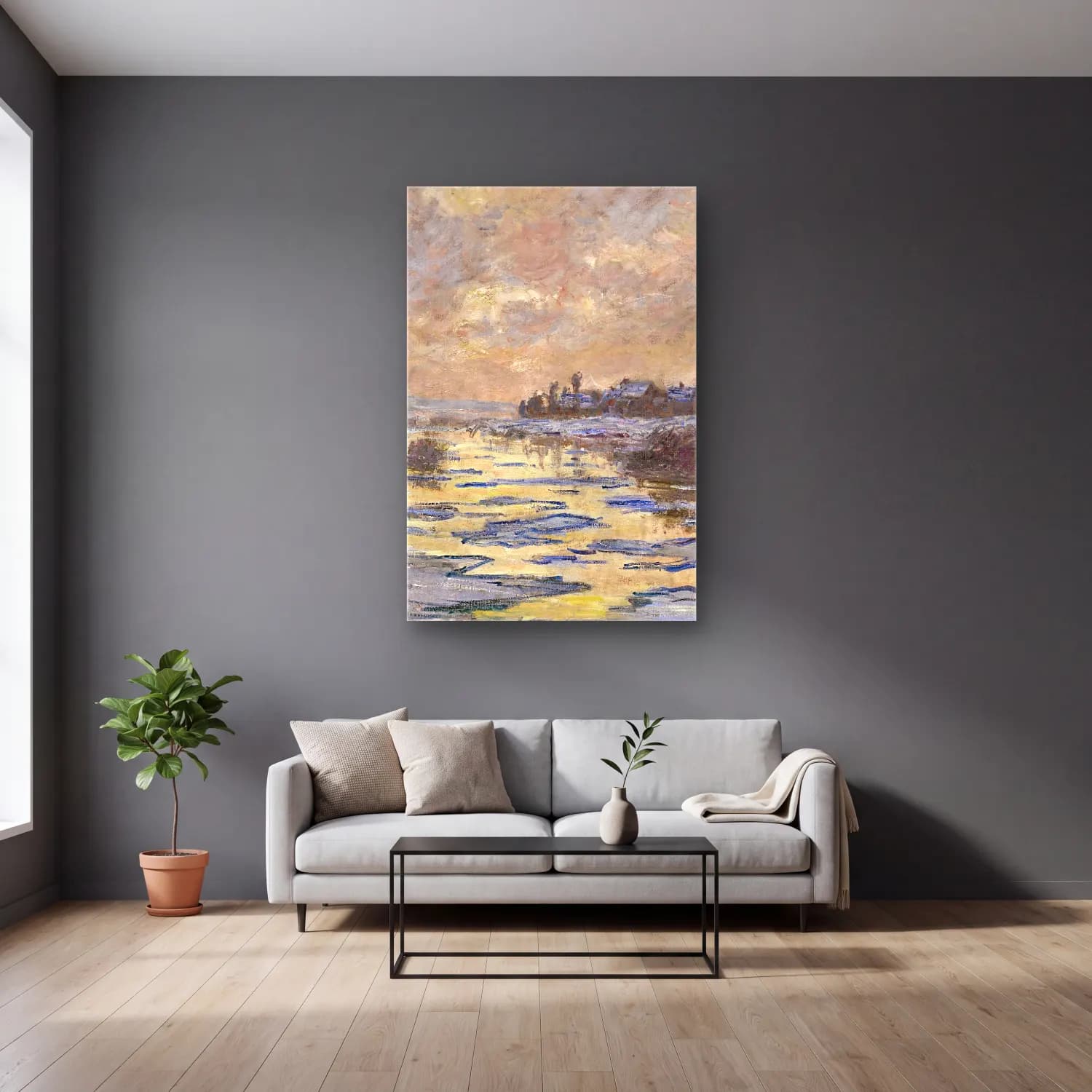 Claude Monet – La Seine à Lavacourt, débâcle cam tablo — gri duvarlı salonda