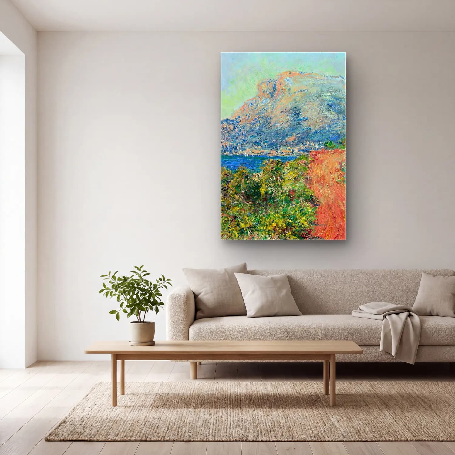 Claude Monet – La route rouge près de Menton cam tablo — açık renk salonda
