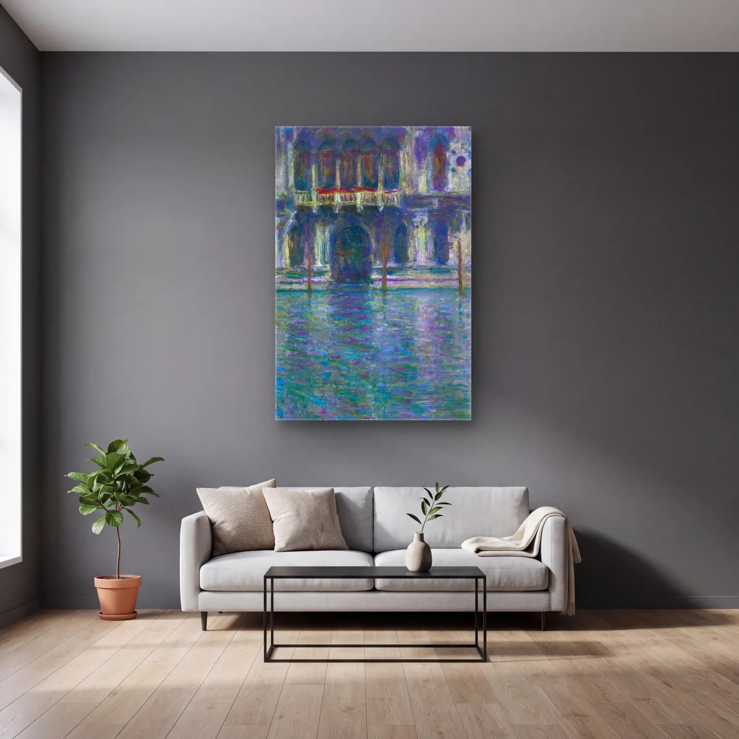 Claude Monet – Le Palais Contarini cam tablo — gri duvarlı salonda