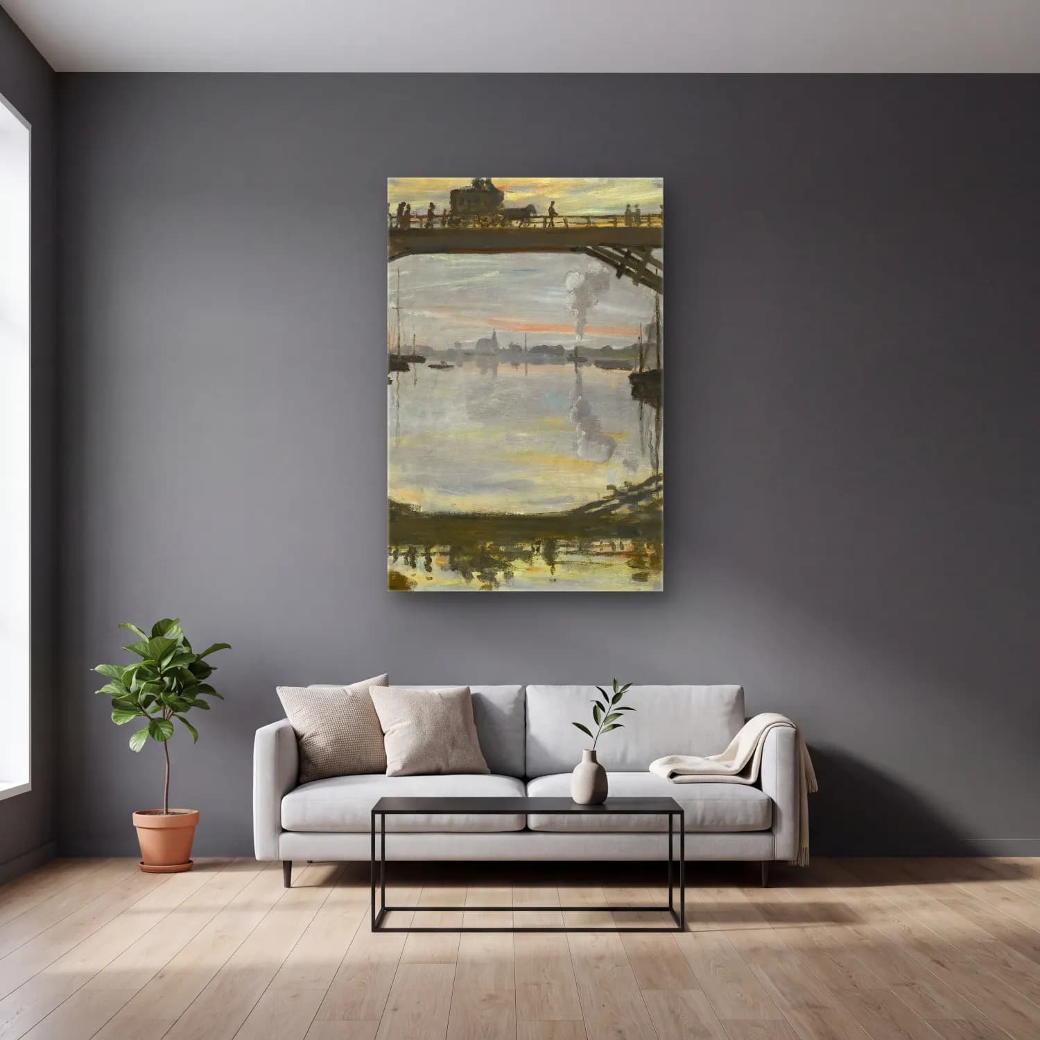 Claude Monet – Le Pont De Bois cam tablo — gri duvarlı salonda