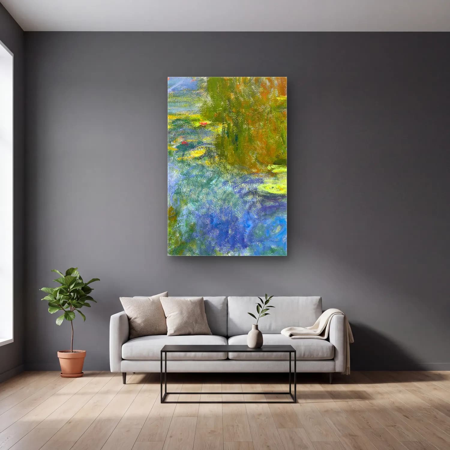 Claude Monet – Le bassin aux nymphéas (circa 1917-1919) cam tablo — gri duvarlı salonda