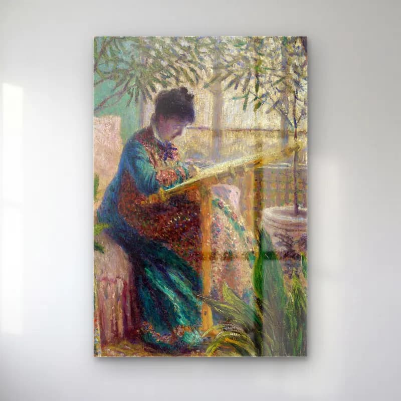 Claude Monet – Madame Monet Embroidering (Camille au métier) cam tablo — Claude Monet – Madame Monet Embroidering (Camille au métier) — empresyonist kitap okuyan kadın