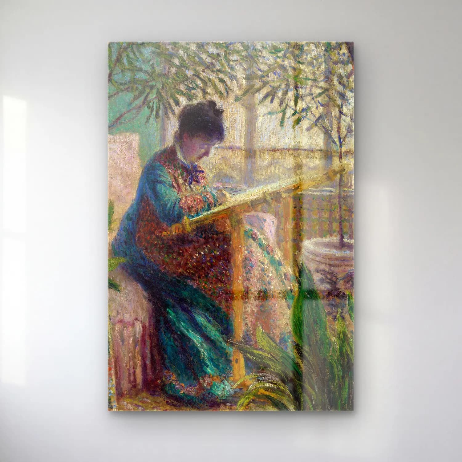 Claude Monet – Madame Monet Embroidering (Camille au métier) cam tablo — Claude Monet – Madame Monet Embroidering (Camille au métier) — empresyonist kitap okuyan kadın