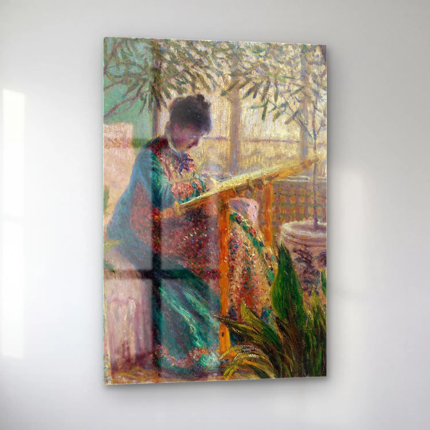 Claude Monet – Madame Monet Embroidering (Camille au métier) cam tablo — sol açıdan görünüm