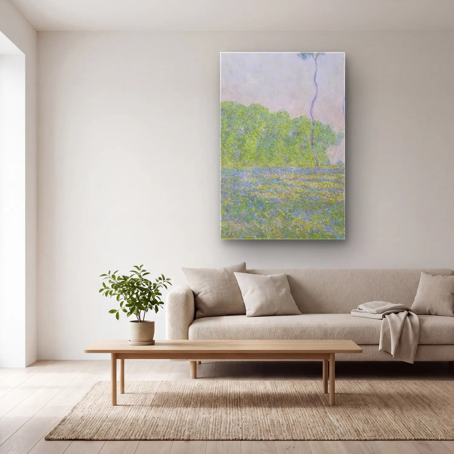 Claude Monet – Meadow at Giverny cam tablo — açık renk salonda
