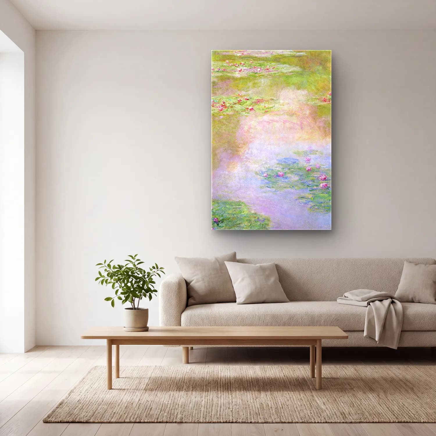 Claude Monet – Nymphéas cam tablo — açık renk salonda
