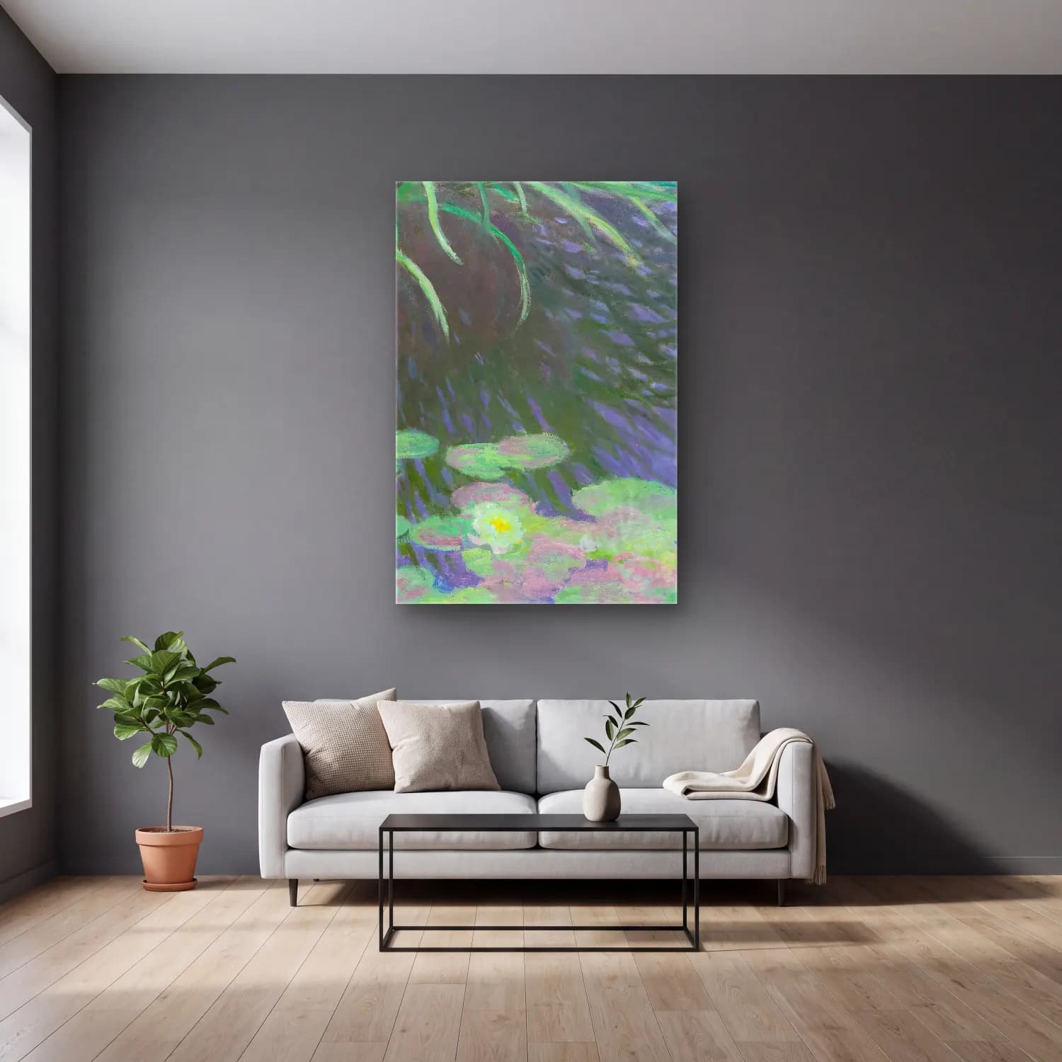 Claude Monet – Nymphéas Avec Reflets De Hautes Herbes cam tablo — gri duvarlı salonda