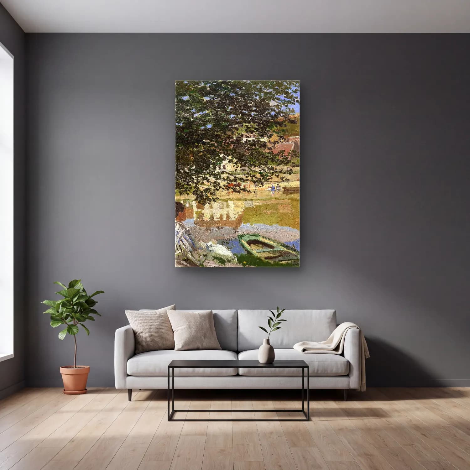 Claude Monet – On the Bank of the Seine, Bennecourt cam tablo — gri duvarlı salonda